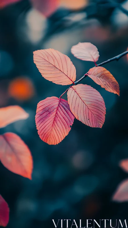 Pink and orange autumn leaves against soft blue bokeh.