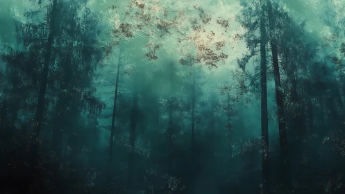 Misty forest emerges through teal atmospheric haze and glowing canopy.
