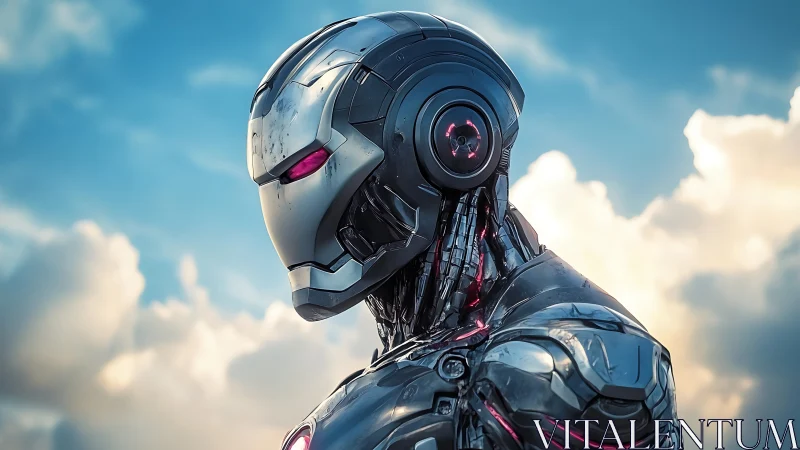 Profile portrait of chrome combat android under cinematic sky