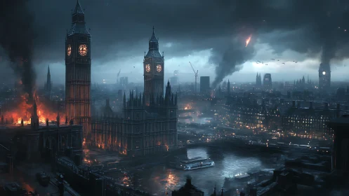 Post-apocalyptic London skyline under bombardment and urban fires