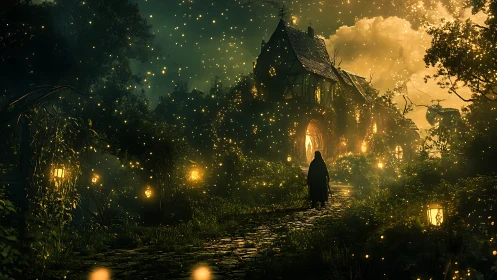 Cloaked figure walks toward glowing cottage in dense forest