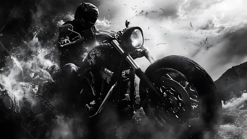 High-contrast monochrome render captures motorcycle in dynamic drift