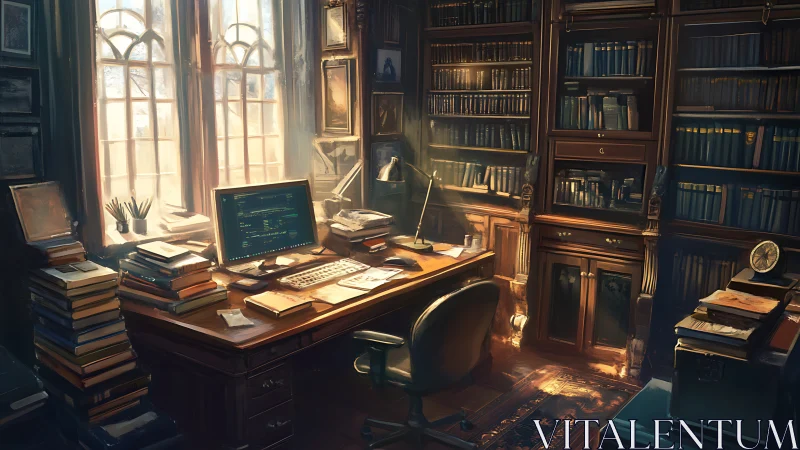 Sunlit coder&rsquo;s library desk in richly detailed study room.