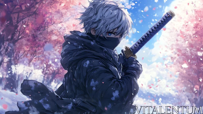 Masked swordsman stands amid snowy cherry blossoms in anime style