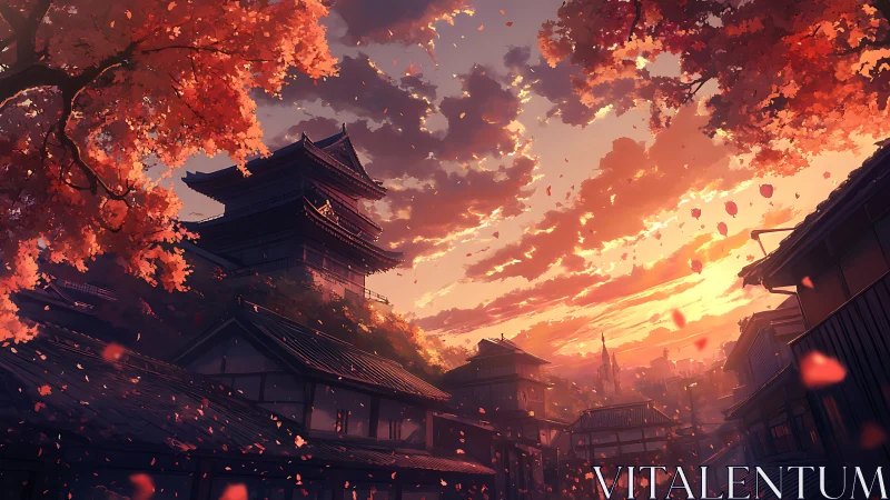 Sunset-illuminated Edo-style rooftops under dense maple foliage