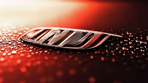 Close-up shows metallic car emblem on wet red surface