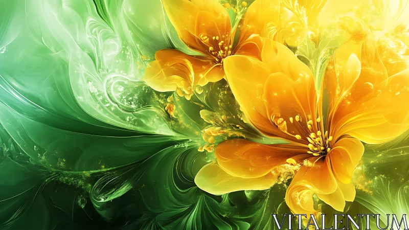Glowing golden blossoms swirling in dreamy green light.