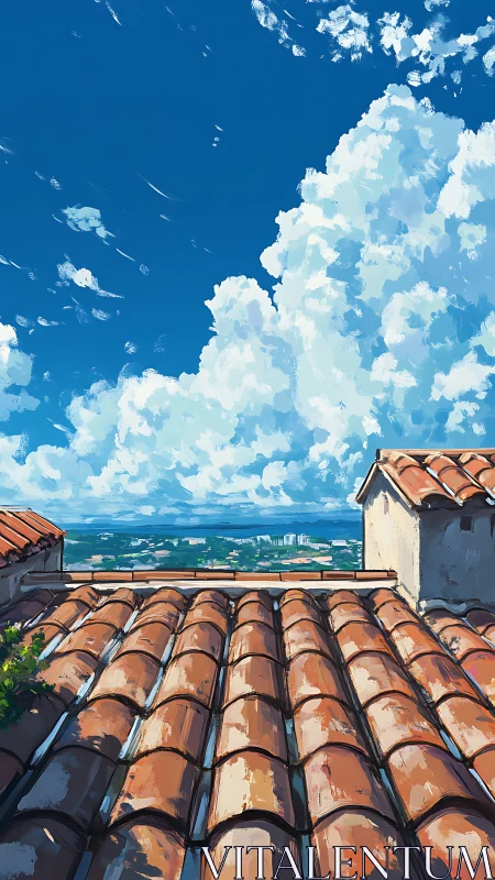 Sunlit terracotta rooftops dreaming under towering summer clouds.