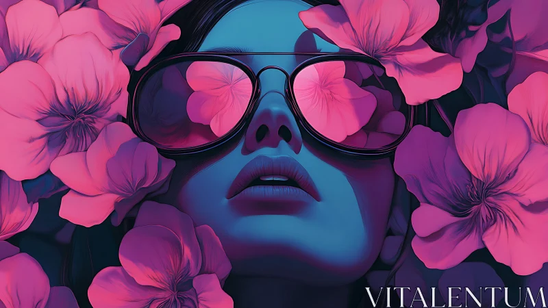 Neon-tinted portrait isolates reflective lenses among magenta flora