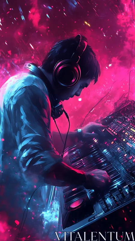 DJ mixing electronic music in vivid neon club light.