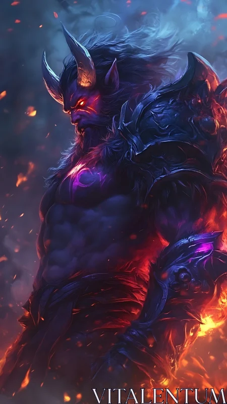 Digital painting of infernal horned warrior in ember-lit armor.