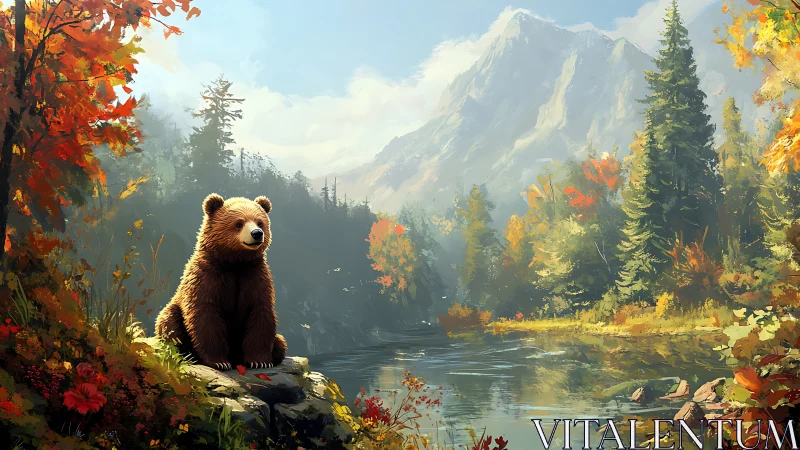 Autumn forest bear cub observes reflective mountain river