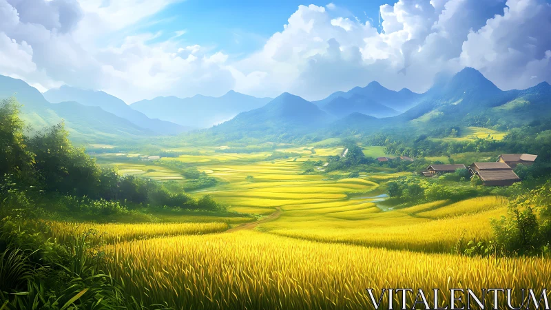 Golden rice terraces glow beneath distant blue mountains.