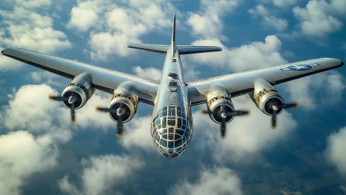 Four engine military bomber aircraft flying above clouds.