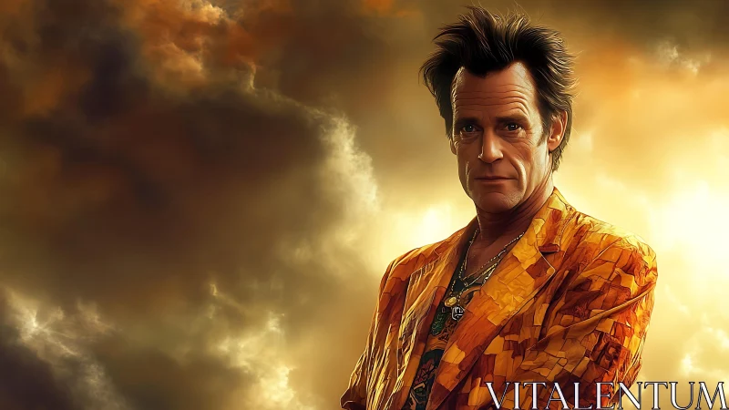 Confident man in fiery sky exudes bold cinematic energy