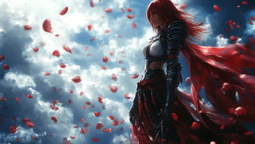 Crimson-haired warrior meets stormlit sky of drifting petals.