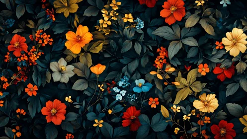 Vibrant Floral Tapestry on Dark Background.