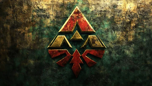 Geometric emblem glows against textured grunge wall backdrop.
