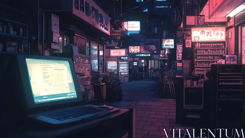 Cozy neon alleyway with a glowing laptop and late night calm.