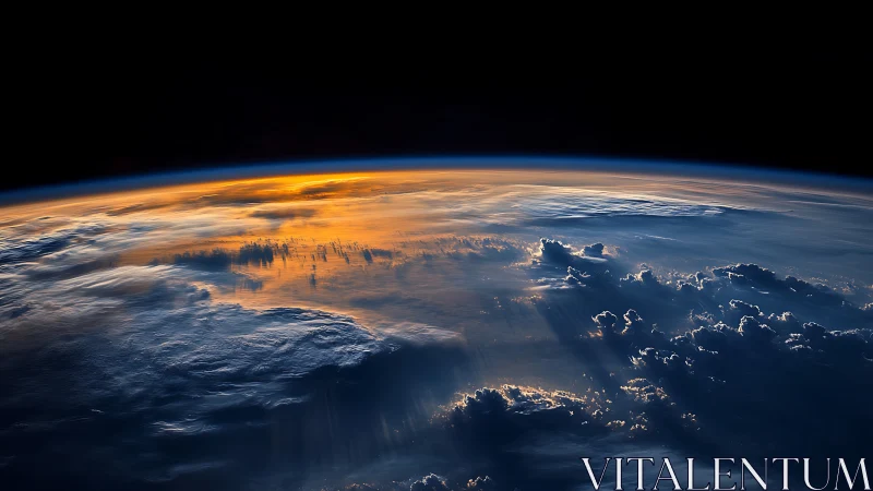 Orbital sunrise over Earth with illuminated cloudscape horizon.