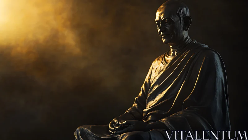 Gentle bronze monk statue rests in warm golden light
