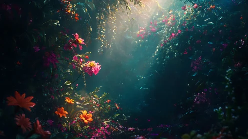 Radiant floral tunnel with luminescent undergrowth and suspended golden light