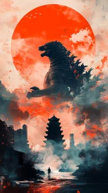 Digital painting kaiju skyline with pagoda and sun halo composition.