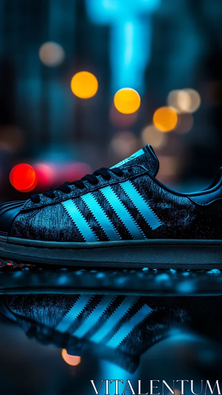 Neon-lit sneaker rests on wet city street with glowing bokeh