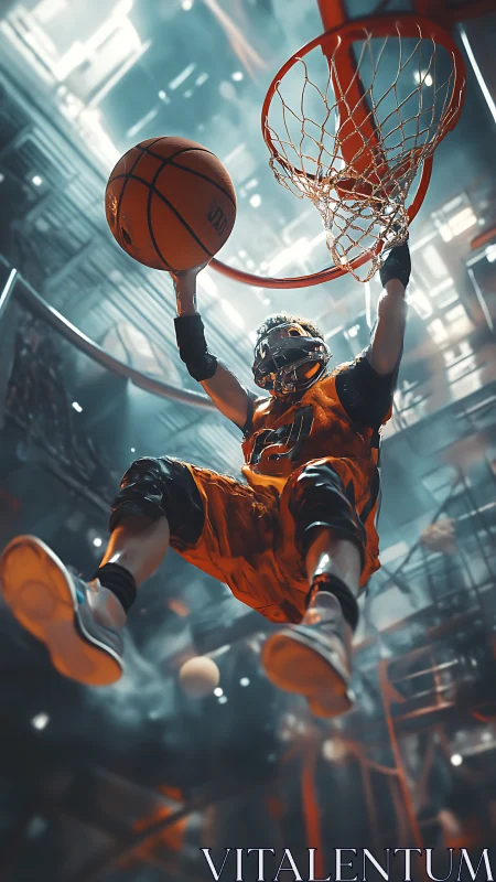 Explosive cyberpunk slam dunk under neon-lit backboard.