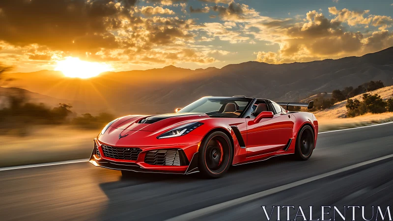 Red sports car moves on mountain highway at sunset