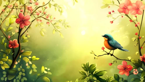 Colorful songbird perched among blooming spring flowers, digital art.