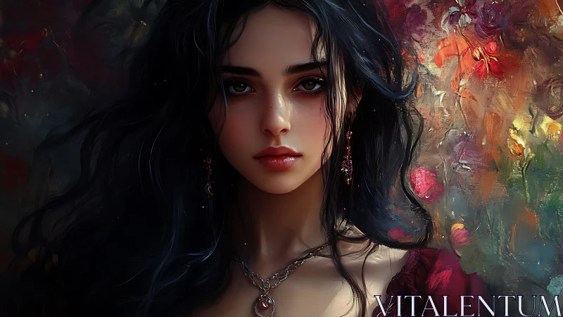 Dark haired woman portrait against abstract floral background.