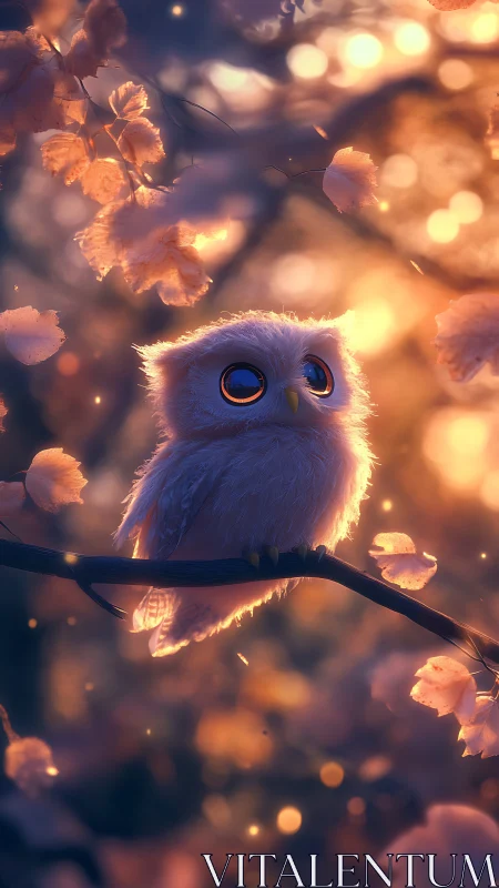 Soft baby owl glows gently in a dreamy golden twilight forest