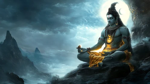 Serene blue deity meditating on mountain under moonlight.