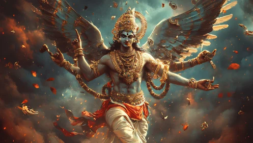 Winged Hindu deity in fiery celestial storm atmosphere.