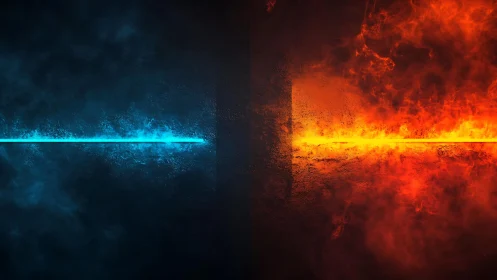 Neon Blue and Orange Fire and Ice Divide, Futuristic Abstract Art.