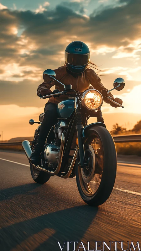 Motorcyclist on open highway at sunset with forward view.