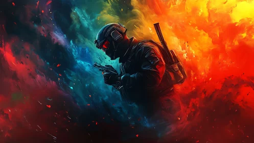 Armed tactical soldier advances through swirling neon firestorm