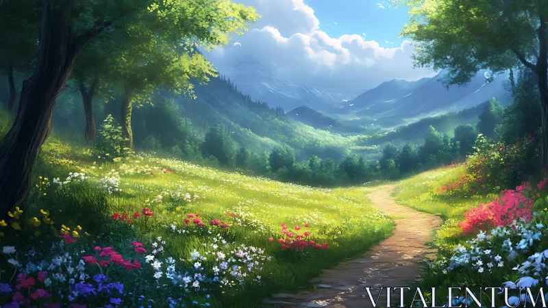 Sunlit meadow path wandering toward whispering mountains.