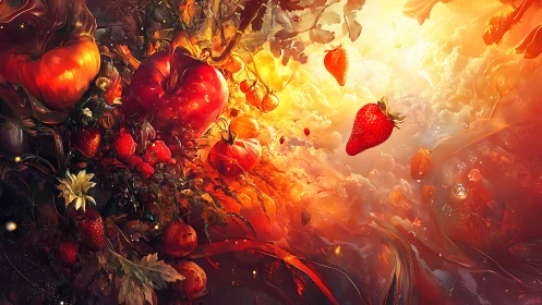 Hyperreal luminous fruit vortex in radiant orange cloudspace.