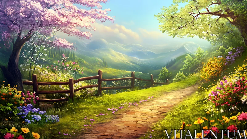 Spring hillside path with flowers and distant mountains.