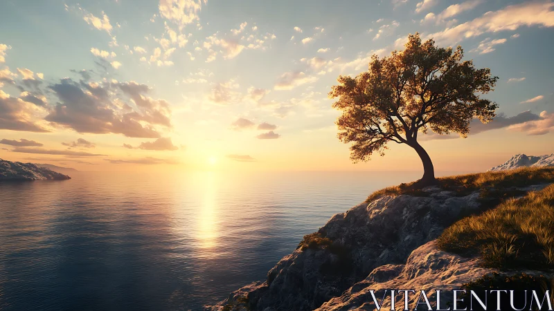 Lone coastal tree overlooks glowing ocean sunset horizon