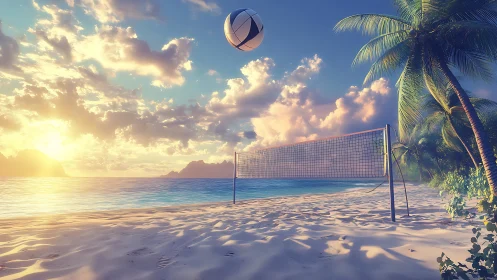 Golden sunset beach volleyball court invites a relaxed game