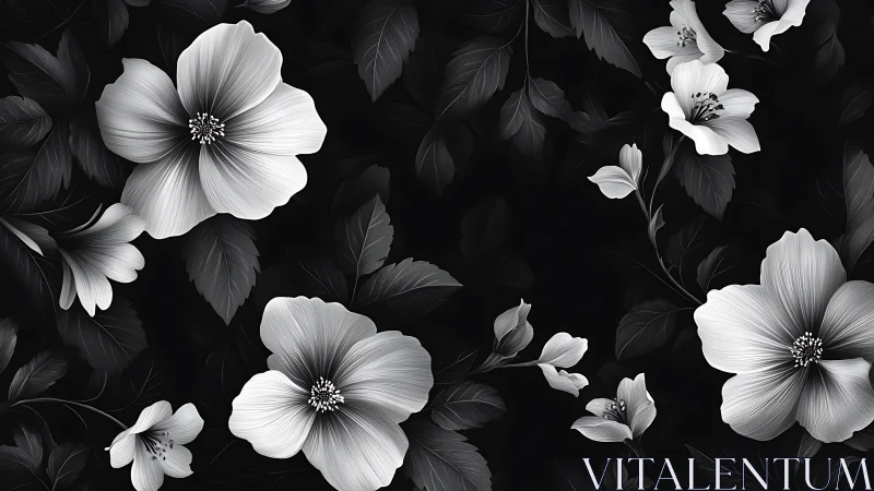 Elegant Monochrome Blossoms Dancing in Darkness