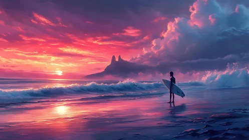 Surfer silhouetted against hyper-saturated sunset seascape