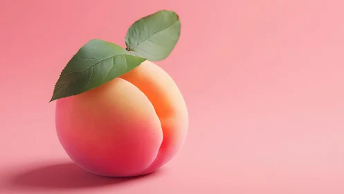 Ripe peach with green leaves on pastel pink background, minimal style.