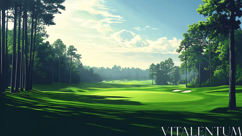 Sunlit forest golf fairway with long morning shadows.