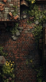 Overgrown brick alleyway with scattered rubble overhead view.