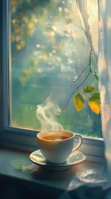 Steaming cup of tea on interior windowsill at sunrise.