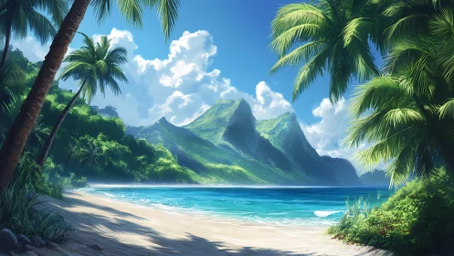 Tropical Volcanic Coastline with Leeward Beach Formation and Palms